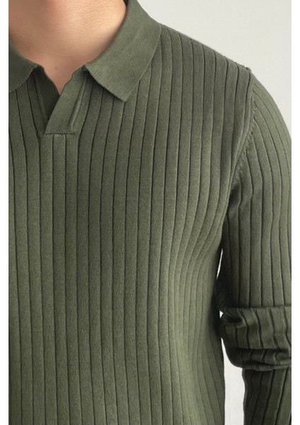 Erkek Haki Slim Fit Uzun Kollu Polo Yaka Triko Kazak modelleri