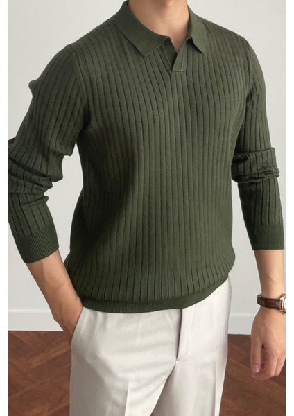 Erkek Haki Slim Fit Uzun Kollu Polo Yaka Triko Kazak fırsatları