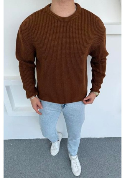 Erkek Kahverengi Regular Fit Bisiklet Yaka Örgülü Triko