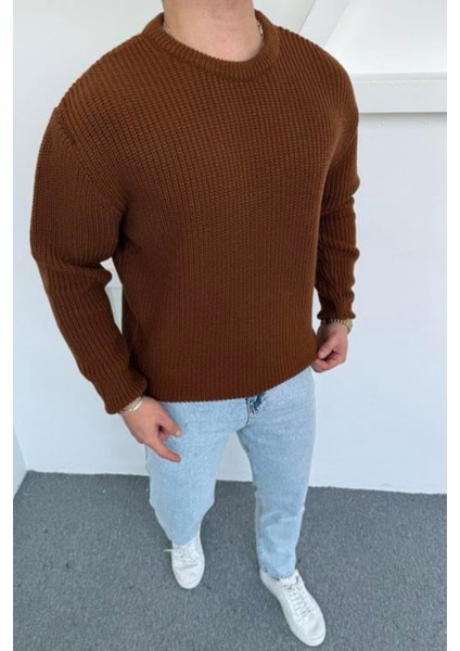Erkek Kahverengi Regular Fit Bisiklet Yaka Örgülü Triko fiyatları