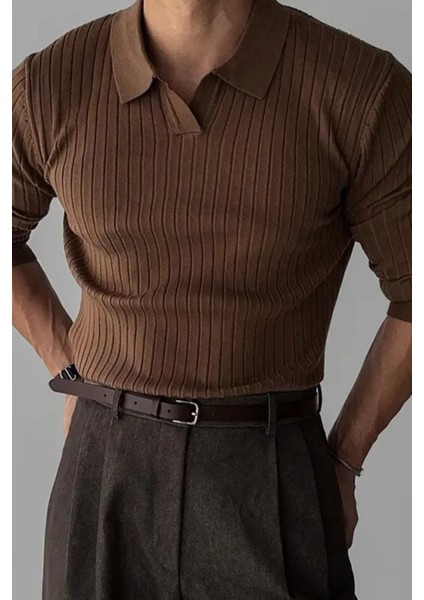 Koyu Kahve Erkek Polo Yaka Fitilli Triko Kazak