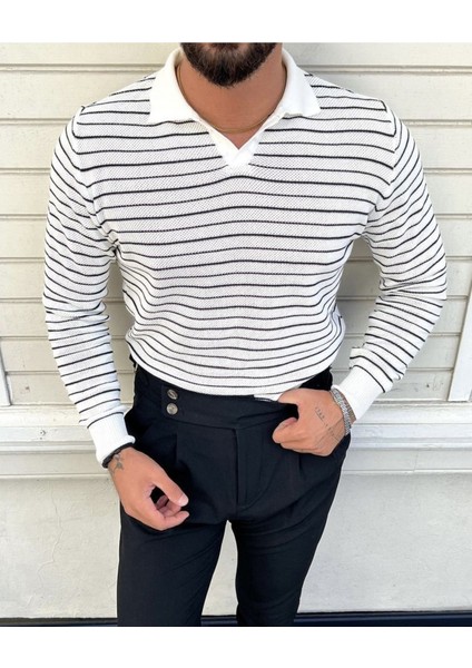 Çizgili Polo Yaka Triko Kazak Beyaz