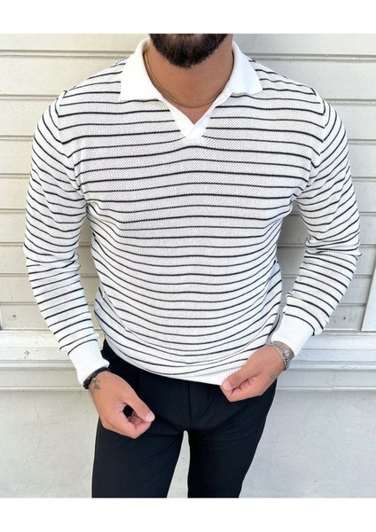 Çizgili Polo Yaka Triko Kazak Beyaz fiyatları