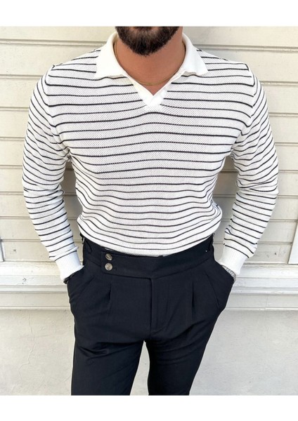 Çizgili Polo Yaka Triko Kazak Beyaz modelleri