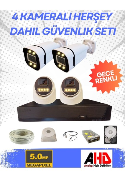 2 Iç 2 Dış 4 Kameralı Gece Renkli Sesli 5 Mp 250 GB HDD Dahil Ahd Güvenlik Kamera Seti - ST54250SW
