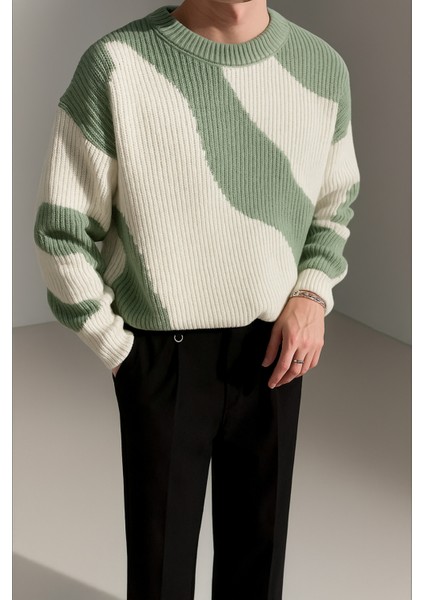 Erkek Mint Yeşili-Beyaz Regular Fit Triko Kazak