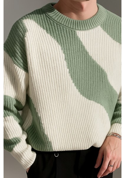 Erkek Mint Yeşili-Beyaz Regular Fit Triko Kazak fiyatları