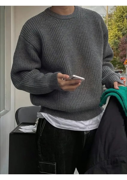 Erkek Füme Regular Fit Bisiklet Yaka Örgülü Triko