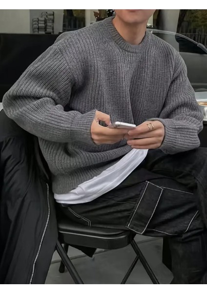 Erkek Füme Regular Fit Bisiklet Yaka Örgülü Triko fırsatları