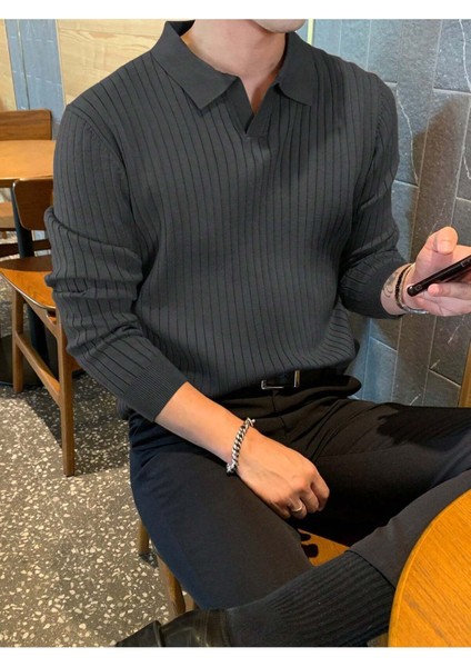 Füme Erkek Polo Yaka Fitilli Triko Kazak