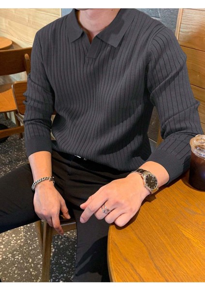 Füme Erkek Polo Yaka Fitilli Triko Kazak modelleri