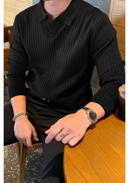 Siyah Erkek Polo Yaka Fitilli Triko Kazak fiyatları