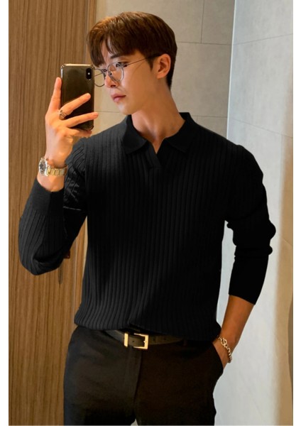 Siyah Erkek Polo Yaka Fitilli Triko Kazak indirimleri