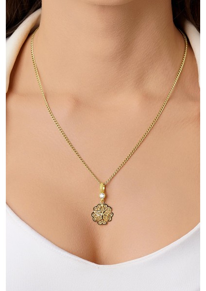 14 Ayar Altın Gurmet Zincirde Gül Motifli Telkari Kolye