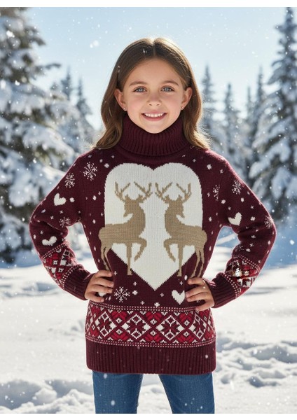 Kız Çocuk Kalpli Çift Geyik Desenli Yılbaşı Triko Kazak