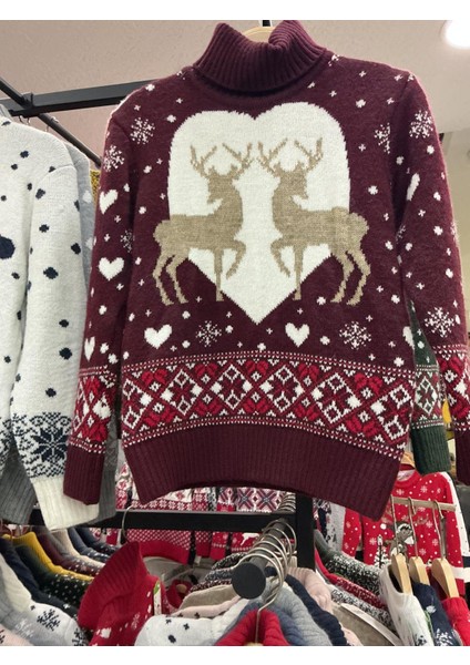 Kız Çocuk Kalpli Çift Geyik Desenli Yılbaşı Triko Kazak fiyatları