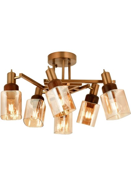 Avonnı AR-60415-6EX Eskitme Boyalı Modern Avize E27 Metal Ahşap Cam 60CM