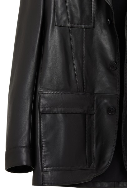 Kane Erkek Siyah Düğmeli Blazer Deri Ceket 25WGED6498AE