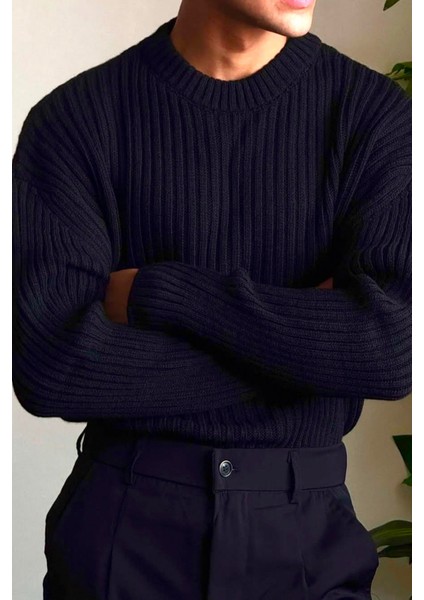 Erkek Lacivert Fitilli Örme Regular Triko Kazak