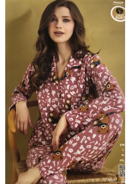 Çağrı Kadın Kışlık Süet Uzun Kollu Önü Düğmeli Yumuşak Dokulu Pijama Takımı