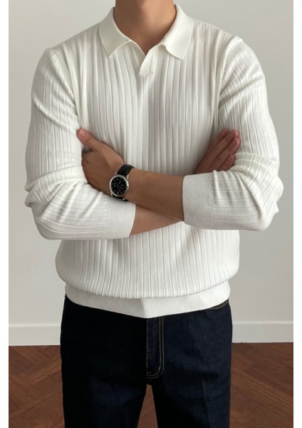 Erkek Beyaz Slim Fit Uzun Kollu Polo Yaka Triko Kazak fiyatları