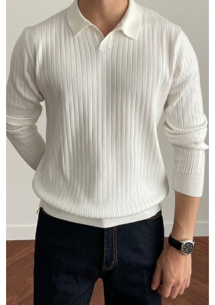 Erkek Beyaz Slim Fit Uzun Kollu Polo Yaka Triko Kazak modelleri