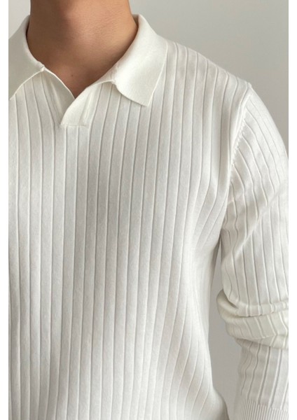 Erkek Beyaz Slim Fit Uzun Kollu Polo Yaka Triko Kazak fırsatları