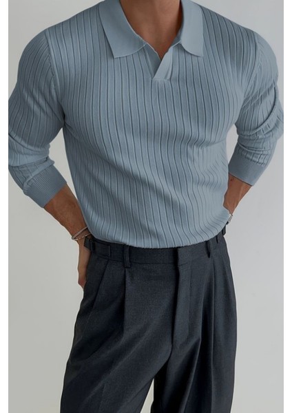 Mavi Erkek Polo Yaka Fitilli Triko Kazak