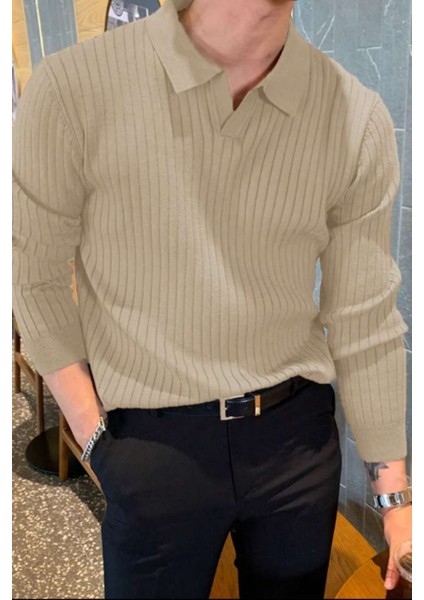 Bej Erkek Polo Yaka Fitilli Triko Kazak