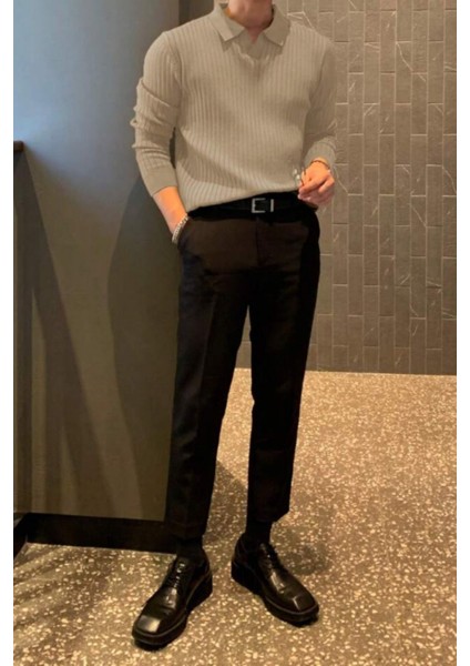 Bej Erkek Polo Yaka Fitilli Triko Kazak fiyatları