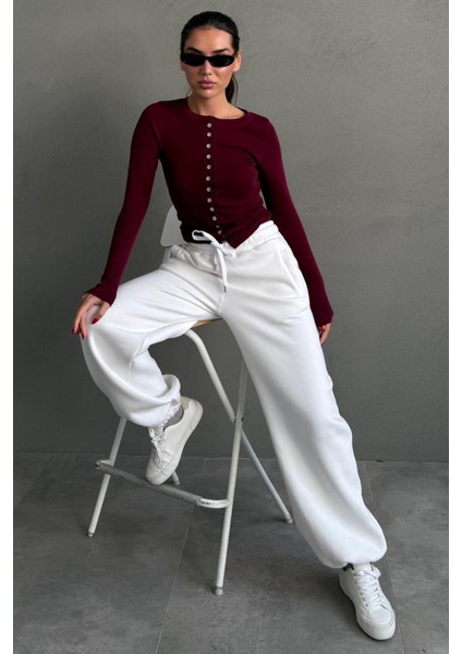 Ekru Geniş Paça Rahat Kalıp Lastikli Eşofman Altı MG2581