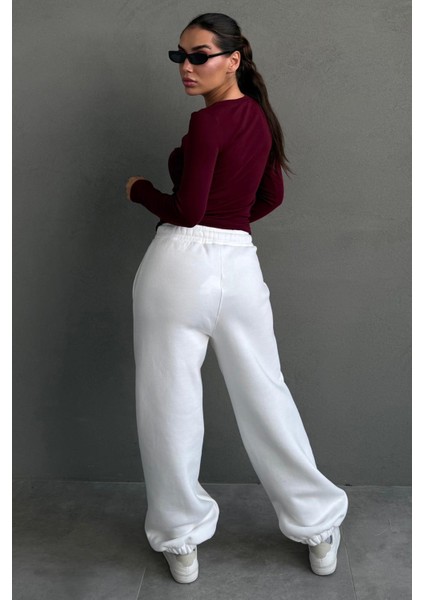 Ekru Geniş Paça Rahat Kalıp Lastikli Eşofman Altı MG2581