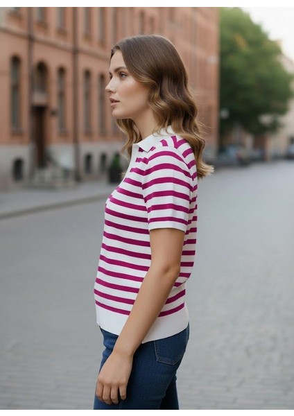 Kadın Çizgili Polo Yaka Triko Bluz – Fuşya Beyaz – Kısa Kollu – 36-40 Beden Uyumu fiyatları