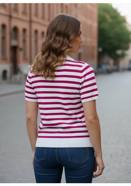 Kadın Çizgili Polo Yaka Triko Bluz – Fuşya Beyaz – Kısa Kollu – 36-40 Beden Uyumu modelleri