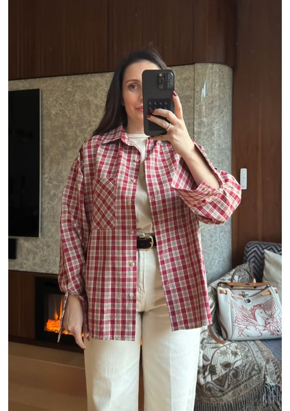 Kareli Ekose Desen Yeni Sezon Oversize Gömlek- Kırmızı