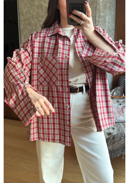 Kareli Ekose Desen Yeni Sezon Oversize Gömlek- Kırmızı fiyatları