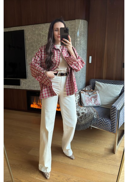 Kareli Ekose Desen Yeni Sezon Oversize Gömlek- Kırmızı fırsatları