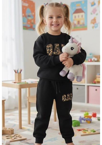 Kız Çocuk Leopar Yazı Detaylı Siyah Alt Üst Takım 3iplik modelleri