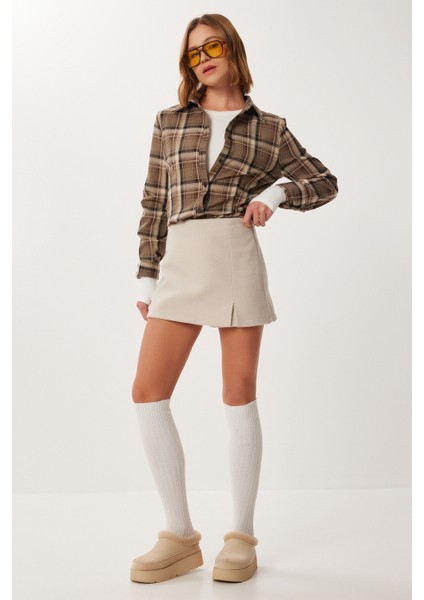 Yırtmaçlı Kaşe Mini Şort Etek LZV0042 Bej