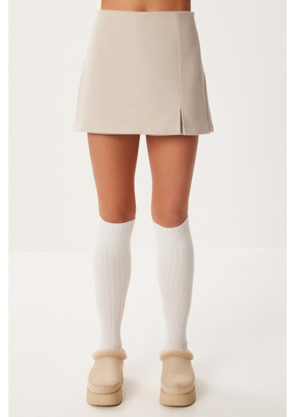 Yırtmaçlı Kaşe Mini Şort Etek LZV0042 Bej modelleri