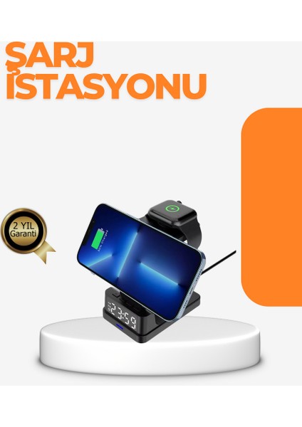 Mtxdpn 4’ü 1 Arada Kablosuz Şarj Istasyonu – LED Saat Ekranlı, Apple Uyumlu, Akıllı Güvenlik Koruması