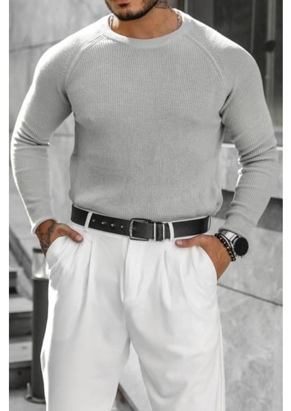 Erkek Gri Selanik Örgü Italyan Reklan Bisiklet Yaka Triko Kazak