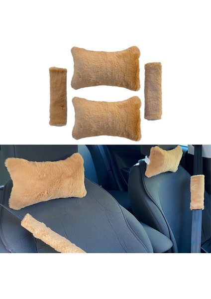 Peluş Ortopedik Araba Seyahat Boyun Yastığı Emniyet Kemer Pedi Seti Kahverengi