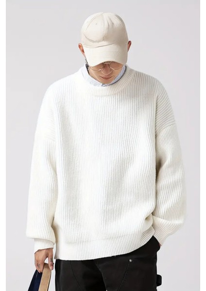 Erkek Beyaz Regular Fit Bisiklet Yaka Örgülü Triko modelleri