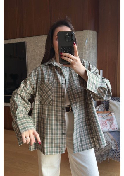 Kareli Ekose Desen Yeni Sezon Oversize Gömlek- Yeşil indirimleri