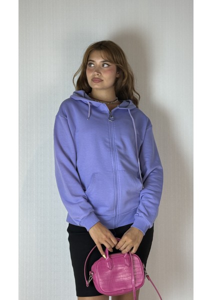 Kadın Kapüşonlu Fermuarlı Cep Detaylı Oversize Hırka Sweatshirt