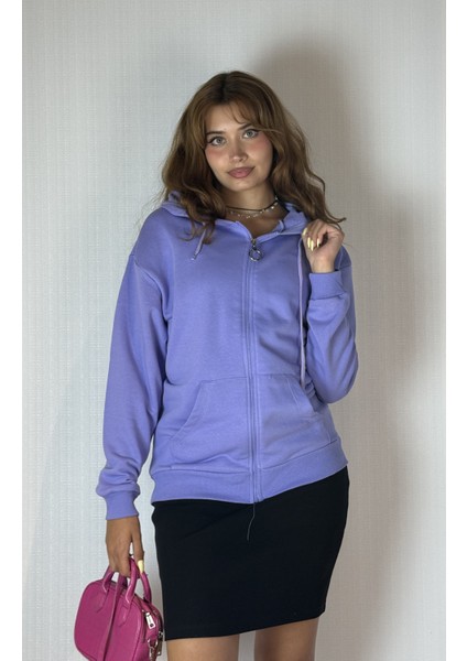 Kadın Kapüşonlu Fermuarlı Cep Detaylı Oversize Hırka Sweatshirt modelleri