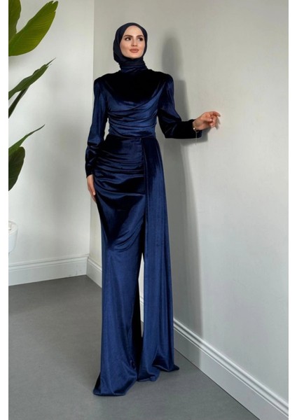 Selis Balık Model Kadife Kumaş Tesettür Abiye- Lacivert modelleri