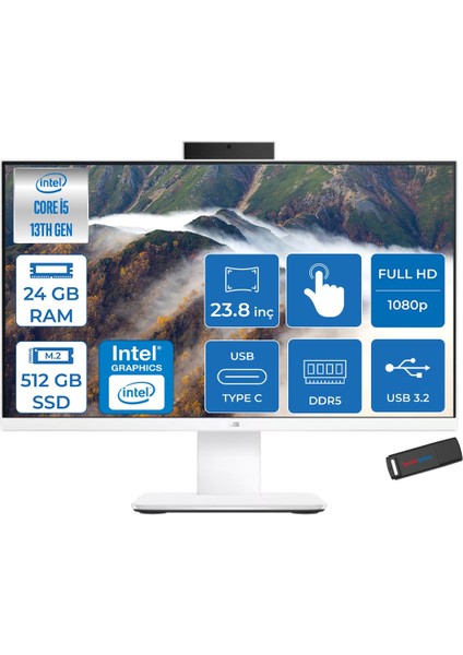 V440VAT Intel Core İ5-13420H 24GB Ddr5 512GB SSD 23.8" Fhd 75Hz 250NITS Dokunmatik Freedos Beyaz Allınone Bilgisayar DI58512W0DF07+ZETTAUSBBELLEK