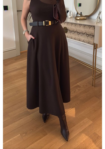 Örme Verevli Yandan Fermuarlı Etek- Kahverengi